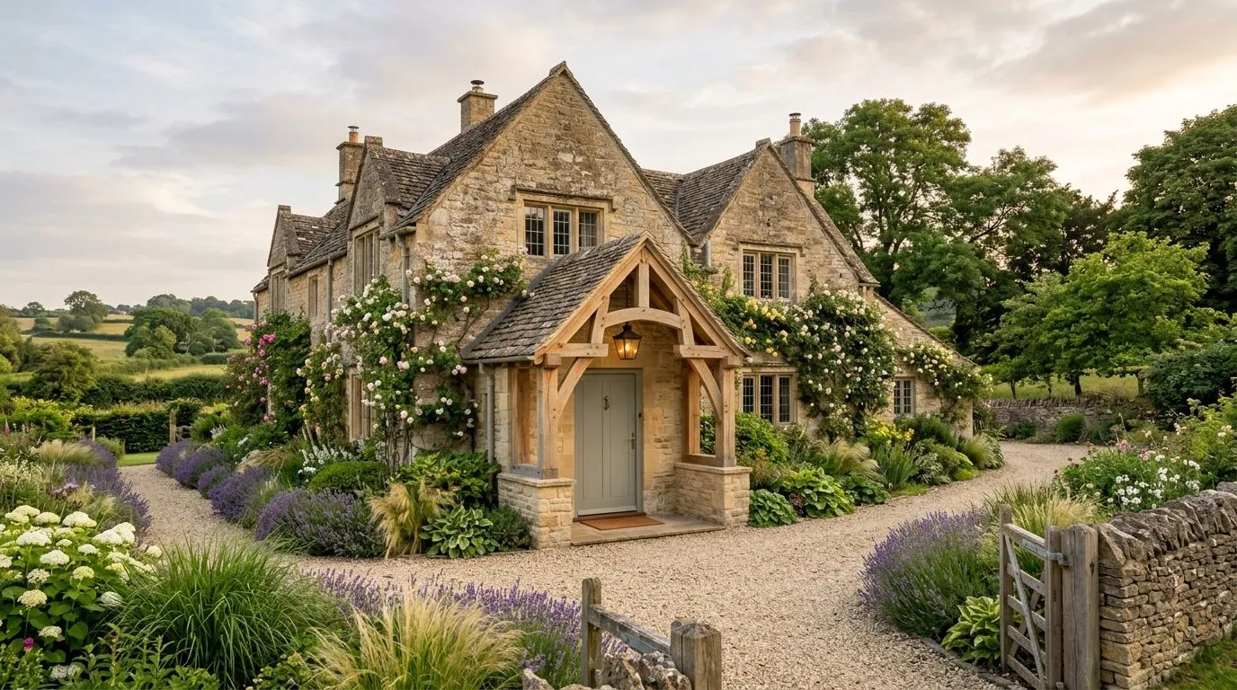 A Cotswold stone cottage with an oak-framed porch and a lavender-lined gravel path