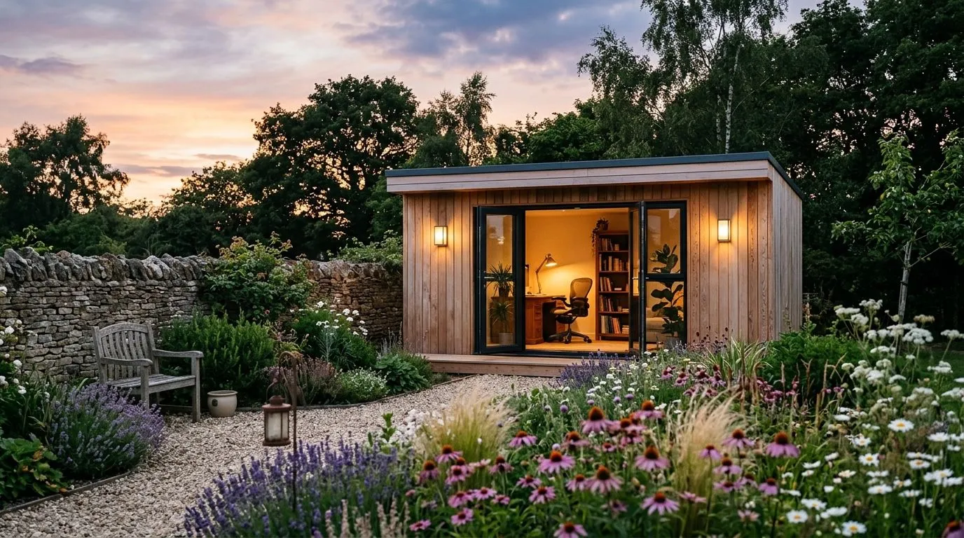A timber garden studio lit up at dusk at the end of a cottage garden
