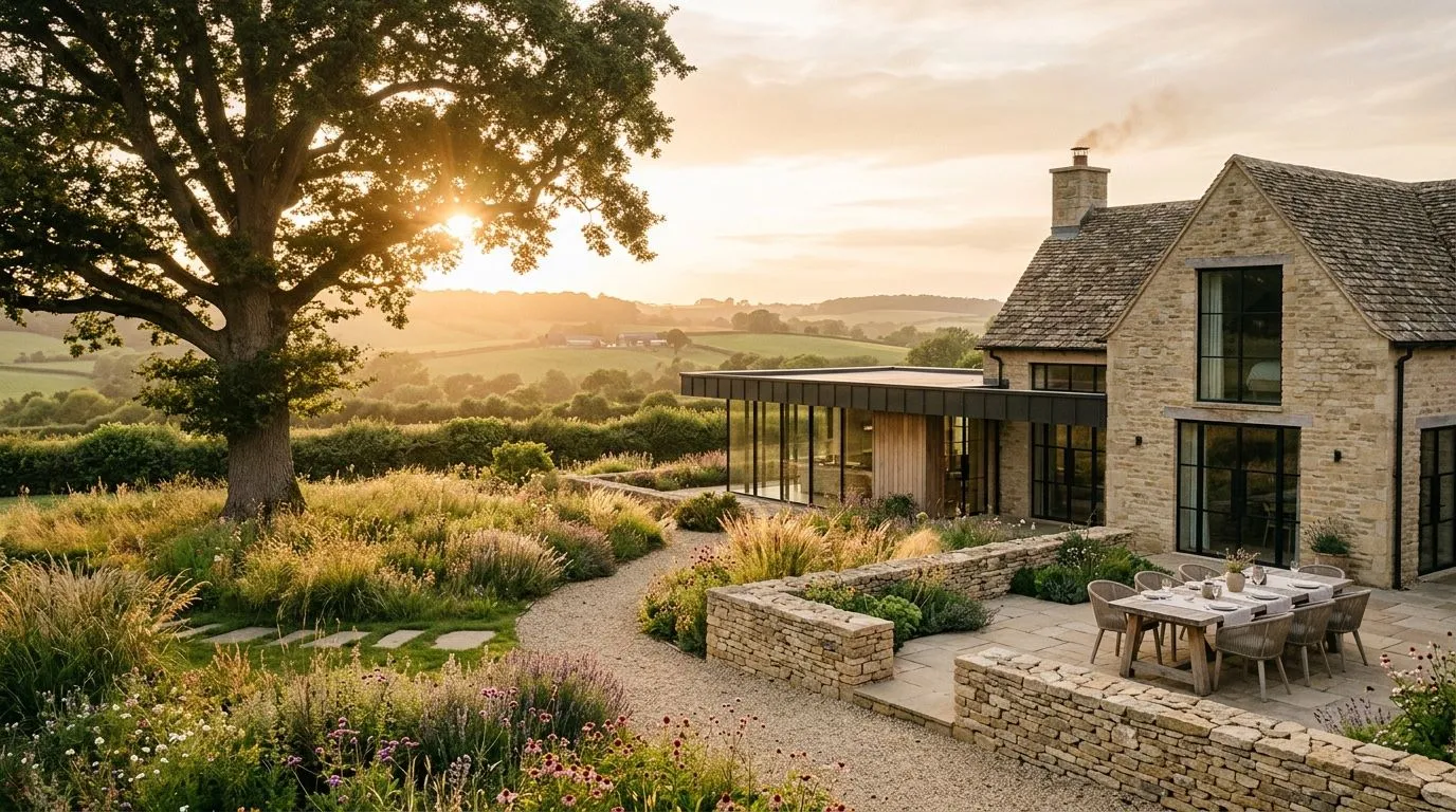 A stone Cotswold house with a glass garden room, dry-stone terraces and meadow planting at sunset