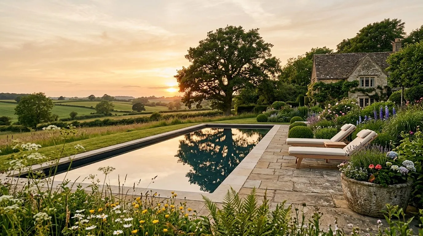 A garden swimming pool reflecting an oak tree at sunset, with sun loungers on a stone terrace