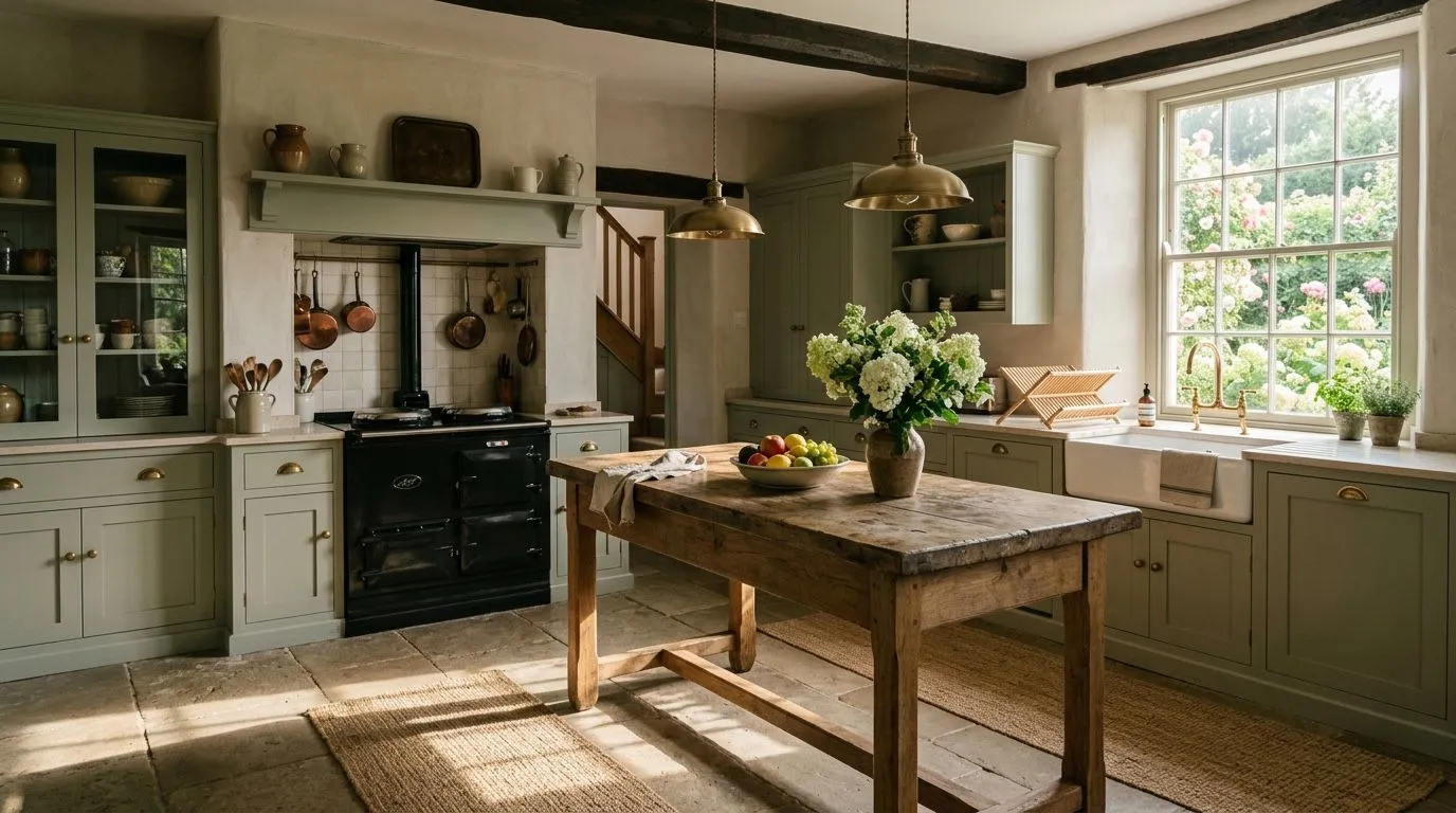 A sage green handmade kitchen with an oak table and a flagstone floor in morning light